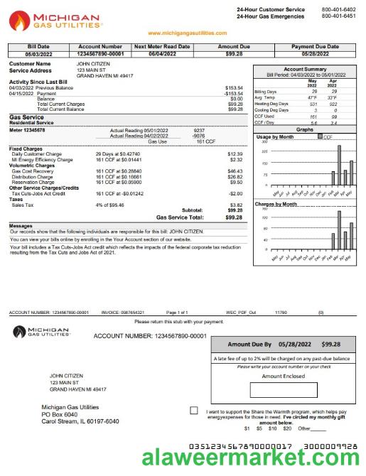 USA Michigan gas Utilities utility bill template in Word and PDF format version 1